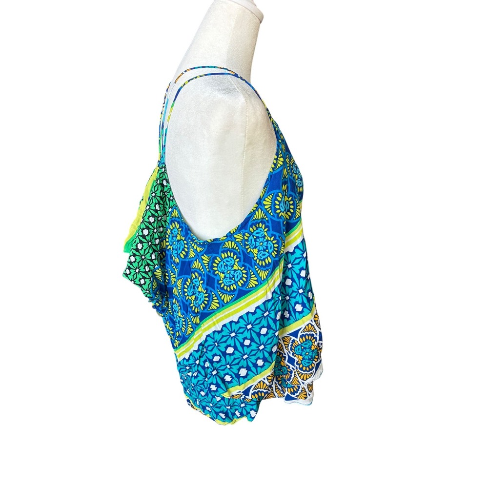 Stylus Womens Large Blue Green Geometric Medallion Crossback Cami Tank Top - Picture 4 of 7